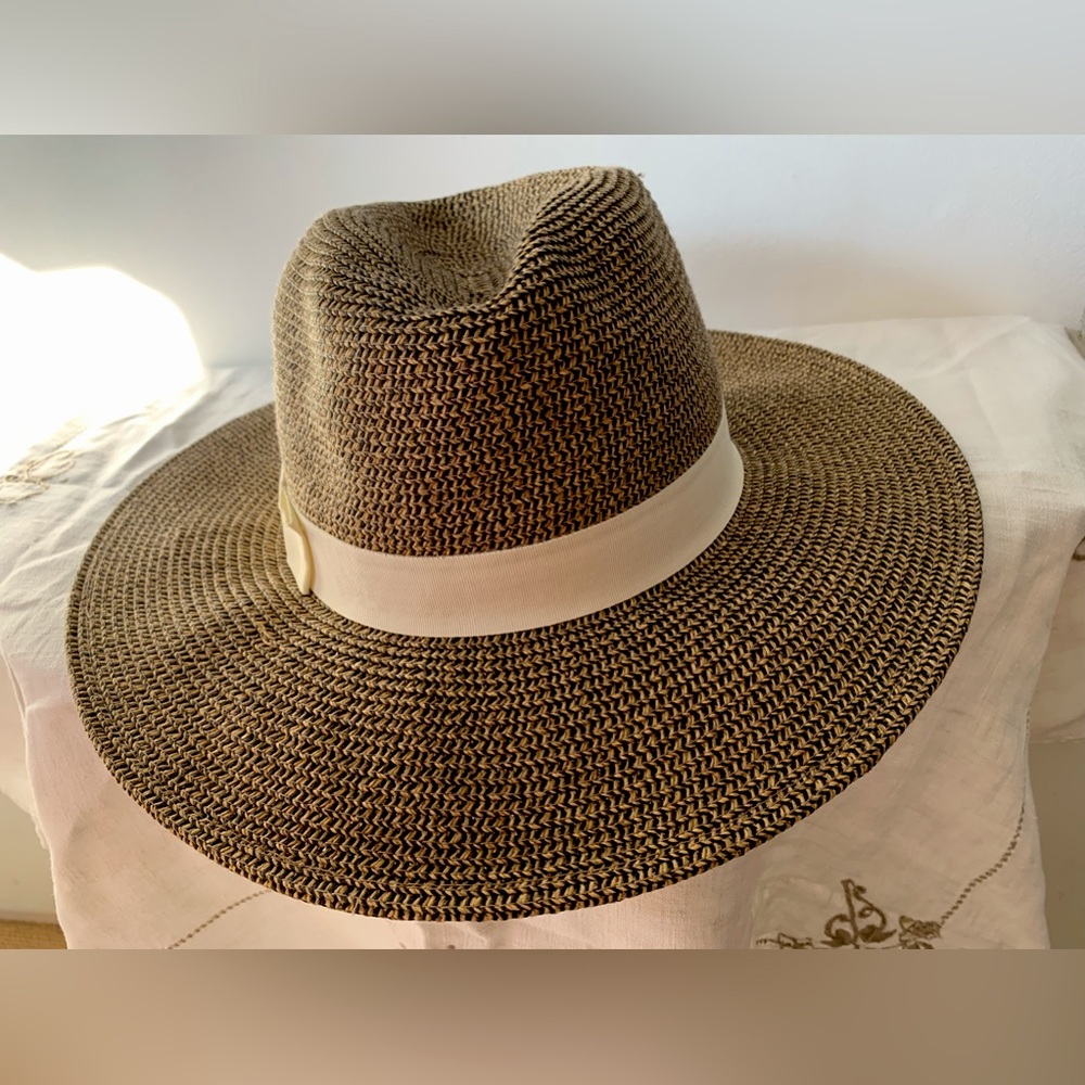 Woolrich woven hat with cream grosgrain ribbon